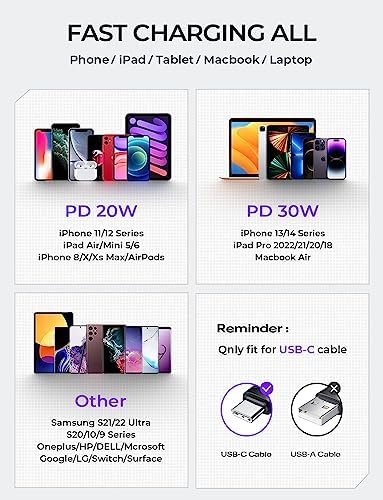 30 W Ga N PD Fast Charging USB C Wall Charger Block with USB-C to Lightning and USB-C Cables – Ideal for i Phone 14/13/12 Pro Max & i Pad Pro – Compact, Durable Design for Rapid Power Boost Anywhere