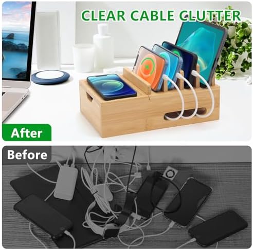 Eco-Friendly Bamboo Multi-Device Charging Station with 5-Port USB Hub, Elegant Desktop Organizer with Tray & Drawer, Includes 6 Durable Cables for Smartphones, Tablets & Smartwatches – Streamlined Power Solution for Clutter-Free Workspaces