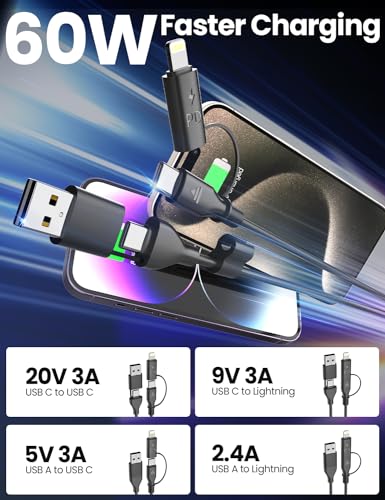 Dual-Function Coiled USB-C & Lightning Charging Cable 3 FT – 60 W Fast Charge for i Phone 15/16 & Samsung Galaxy – Perfect for Apple Car Play & Android Auto Integration (Sleek Black) – Enhanced Durability & Space-Saving Design