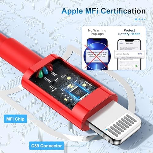 Premium 3-Pack Apple MFi Certified Lightning to USB Charger Cables – 6 FT Durable Fast Charging Cords for i Phone 13/12/11/11 Pro/11 Max/X/XS/XR/XS Max/8/7/6 – Enhanced Performance and Extended Reach for Seamless Device Connectivity