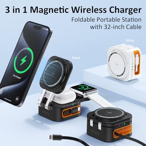 Magnetic 3-in-1 Wireless Charging Station for Apple Devices – Foldable & Portable Charger with Retractable Cable Stand for i Phone 16/15, Apple Watch, Air Pods (Black) – Enhanced Speed, Smart Safety System, and Adjustable Viewing Angles