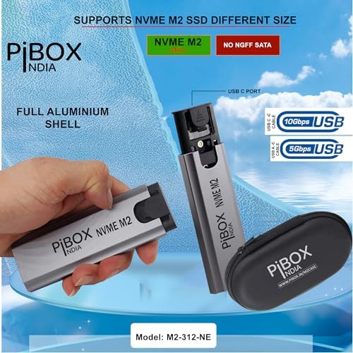 High-Speed Pibox India NVMe M2 Enclosure with Fan – USB 3.2 10 Gbps Tool-Free SSD Adapter for 2230/2242/2260/2280 M & B&M Keys – PCI-E NVMe Reader with Enhanced RTL9210 Performance and Heat Dissipation Solutions