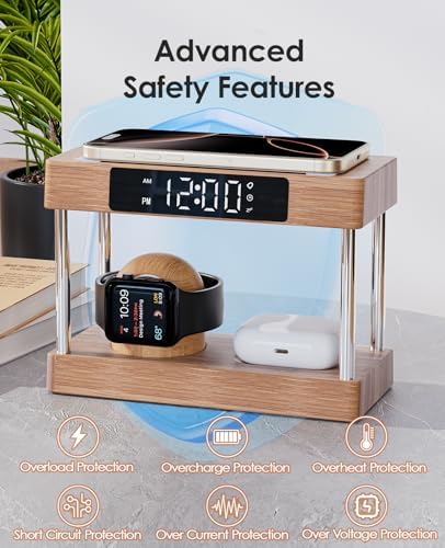 Eco-Friendly Bamboo Wireless Charging Station with Alarm Clock – Multi-Device Bedside Charger for i Phone, Air Pods & i Watch – Fast Charging & Adjustable Night Light – Perfect Gift for Him or Her