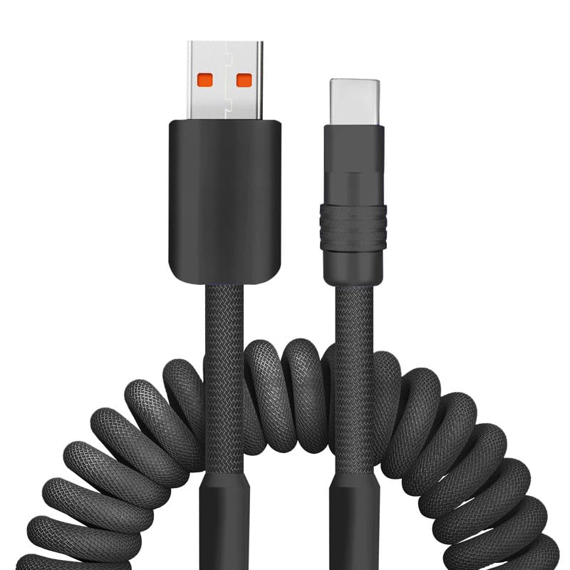 Dynamic Curly Chubby Coiled USB C Cable: 240 W Fast Charge Retractable Spiral Braid Cord for Carplay & Android Auto, Versatile Length 2.29 FT to 3.6 FT, Sleek Black and Red Design, Enhanced Compatibility for All USB-A to Type-C Devices
