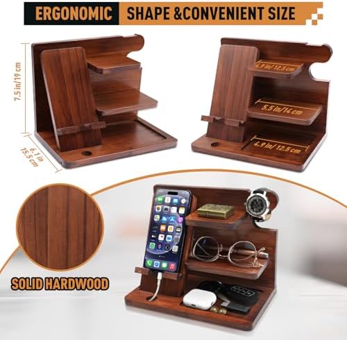 Wood Phone Docking Station for Men – Desk or Nightstand Organizer – Birthday Gifts for Husband, Dad – Anniversary Idea from Wife – Key Holder, Stand Wallet, Watch & Essentials – Enhanced Compatibility and Speed