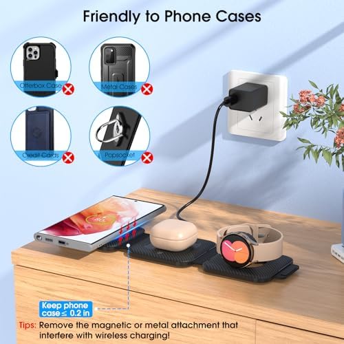 Ultra-Compact 3-in-1 Wireless Charging Station for Samsung Devices – Foldable Travel Charger Pad for S25, S24, S23 Ultra, Z Flip, and Fold 6; Fast Wireless Charger for Galaxy Watch 7/6 and Buds 3 Pro – Sleek, Portable Design for On-the-Go Power Solutions