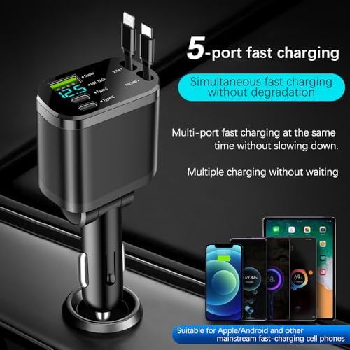 90 W Multi-Port Fast Charging Car Charger with Voltage Detection – Dual USB-C and USB-A Ports, PD 30 W Retractable Cable for i Phone 15/16, Samsung, Android & More – Ultimate Charging Solution for Road Trips and Daily Commutes