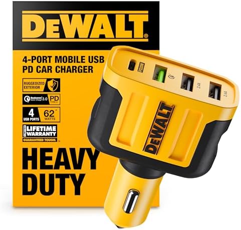 DEWALT 4-Port USB C Car Charger – High-Power 60 W Multi-Device Automobile Adapter for Rapid Charging, Perfect for i Phone 16/15 and Samsung Devices – Robust, Space-Saving Design for Effortless Road Trip and Daily Use