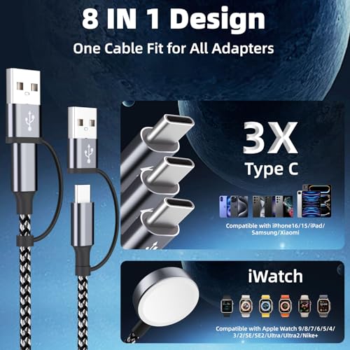 Versatile 4-in-2 Multi-Device Charging Cable: The Ultimate Travel Solution for Effortless Power Management – Compatible with Apple i Watch Ultra, i Phone 16/15/14, and Android Smartphones – 5 FT USB-C Splitter Cord for Rapid Charging and Seamless Data Synchronization, Elevate Your Charging Experience Today