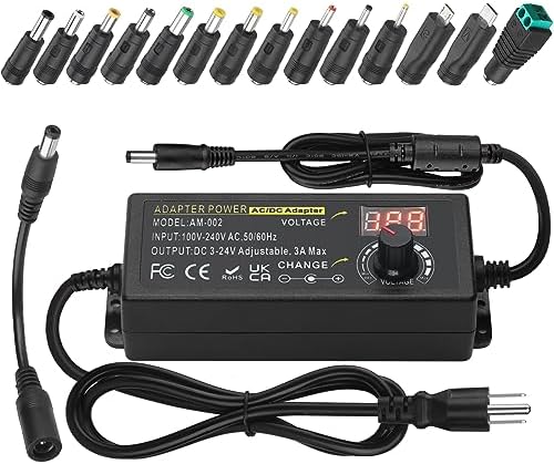 Universal Adjustable DC Power Supply Adapter, 3 V-24 V, 3 A, 72 W – Versatile AC to DC Converter with 14 Interchangeable Tips for Maximum Device Compatibility and Enhanced Performance