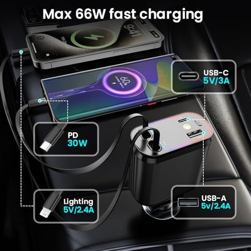 Innovative 66 W Retractable Car Charger Adapter with Ambient Starlight – 4-in-1 Fast Charging USB C Hub for i Phone 16/15/14/13/12/11, Galaxy, and Pixel Devices – Dual Retractable Cables for Effortless Multi-Device Charging and Clutter-Free Travel