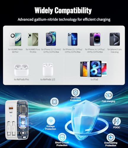 Ultimate 4-in-1 Retractable Wall Charger with Dual USB Ports – 40 W Fast Charging for i Phone 16/15/14/13, Galaxy S24/S23, LG & Pixel – Compact Multi-Device Charger with Tangle-Free Cables for Enhanced Portability and Compatibility
