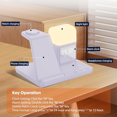 Ultimate 6-in-1 Wireless Charging Station for Samsung Devices – Stylish Purple Design with Alarm Clock and Night Light Functionality – Fast Charging for Galaxy S25/S24/S23 Ultra Series, Galaxy Watch 7/6/5/4, and Galaxy Buds – Ideal for Home or Office Use – Enhanced Safety Features and Adjustable Brightness Settings – Tidy Up Your Space with This Multi-Device Charger – Compatible with USB-C, Perfect for Samsung Users Seeking Convenience and Efficiency – Say Goodbye to Clutter and Hello to Seamless Charging Experience!