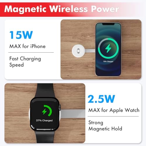 Ultra-Portable 2-in-1 Wireless Charger for Apple Devices – 15 W Qi 2 Certified Magnetic Charging Puck with Built-In Stand for i Phone, Air Pods & Apple Watch – Travel-Friendly Design with Durable USB-C Cable – Streamlined Charging Solution for On-the-Go Connectivity