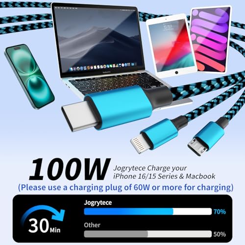 100W USB C Multi Charging Cable,3 in 1 USB C Cable Fast Charging with E-Mark Chip,Universal Charging Cable with Type-C, Micro USB,IP Port for iPhone16/15/Cell Phones and More – Enhanced Compatibility and Speed