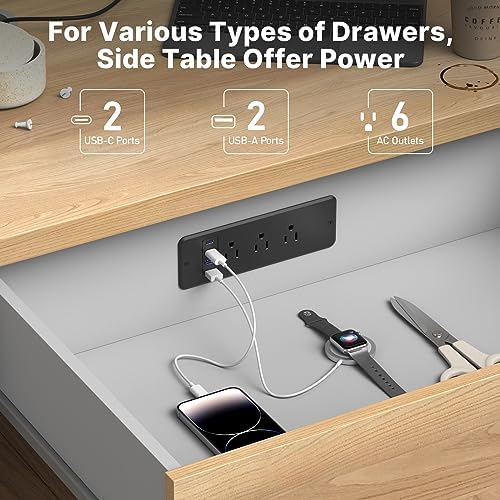 CCCEI 6-Outlet Recessed Power Strip with Dual USB-C Ports – Sleek Flush Mount Charging Station for Desks & Nightstands, 10-Foot Cord for Flexible Setup, Ideal for Home & Office Power Needs, White Finish