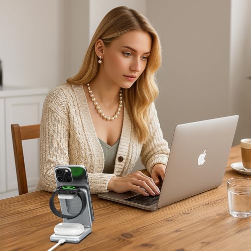 Ultimate 3-in-1 Magnetic Wireless Charging Station: Fast Travel Charger for i Phone 16, 15, 14 – Apple Watch Ultra/SE/9/8 – Air Pods Pro 4/3 – Compact Foldable Design with 18 W Adapter for Efficient Multi-Device Charging (White) – Enhanced Durability & Quick Charge Technology