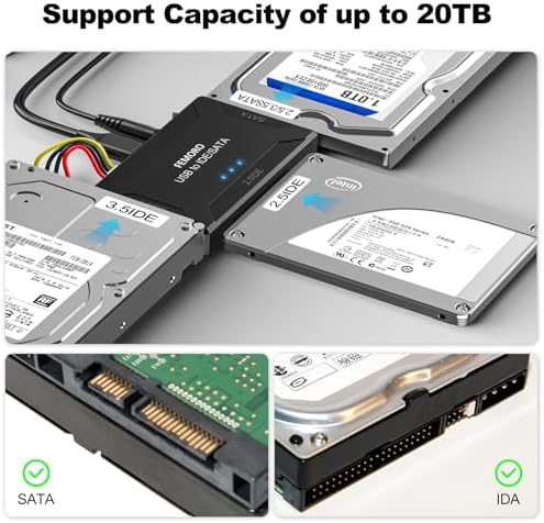FEMORO Ultra-Fast 3-in-1 Hard Drive Reader – IDE & SATA to USB 3.0 + USB-C Adapter with 12 V Power Supply for Seamless Data Transfer of 2.5” SSDs and 3.5” HDDs – Versatile Connectivity for Windows & Mac Users, Perfect for Data Backup and Retrieval
