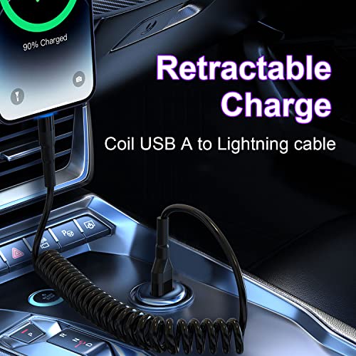 Retractable Coiled Lightning Cable for Apple Car Play – MFi Certified Fast Charging & Data Sync with LED Indicator – Compact i Phone Charger for Car Use – Tangle-Free Design for Ultimate Convenience and Enhanced Performance