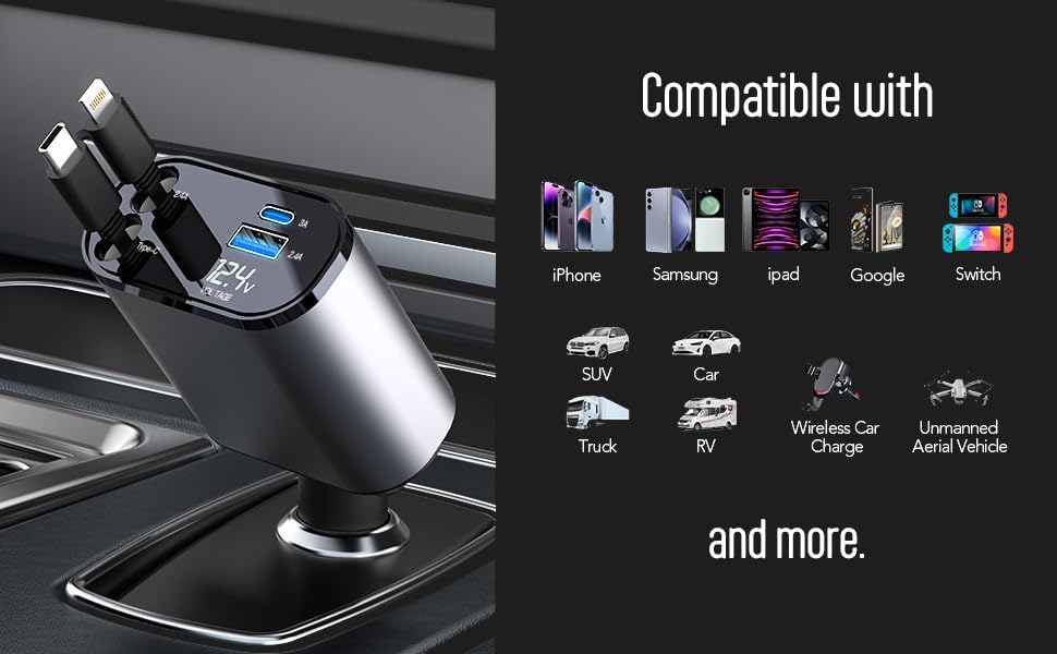 Ultimate Retractable Car Charger – 4-in-1 Fast Charging Solution for Apple & Android Devices – Compact USB-C Charger for On-the-Go Convenience, PT-16 – Essential Car Gadget for Organized Driving