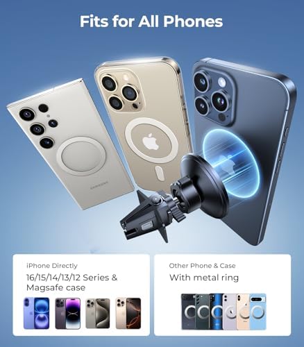 VICSEED Mag Safe Car Mount – Ultimate Magnetic Phone Holder for i Phone 16 Pro Max, 15, 14, 13, 12 Plus & Mini | 360-Degree Adjustable Vent Clip for Enhanced Safety & Convenience | Powerful Magnet for Unmatched Stability & Effortless Hands-Free Navigation | Sleek Design for Modern Vehicles