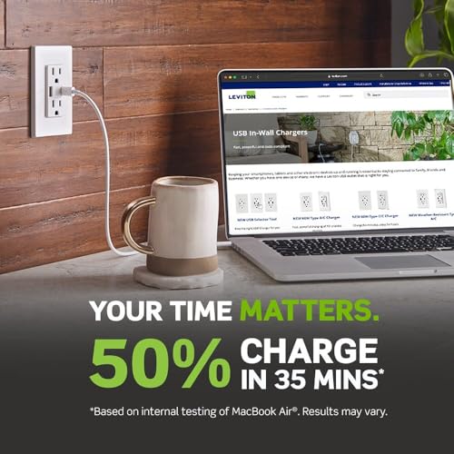 Leviton 60 W Dual USB Type A/Type-C In-Wall Charger – Fast, Efficient Power Delivery Solution for Smartphones, Tablets & Laptops – Tamper-Resistant Outlet in Light Almond for Safe, Clutter-Free Charging Experience – Perfect for Home and Office Use