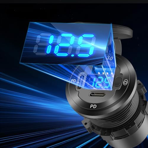 High-Performance 2 Pack 12 V USB Outlet Car Charger Socket – Triple Port Aluminum Fast Charging Adapter with 30 W Dual PD USB-C and Quick Charge 3.0, Waterproof Design with Built-in Voltmeter & Power Control for Marine, RV, Motorcycle, and Truck Applications – Ultimate Durability and Versatile Compatibility for All Devices