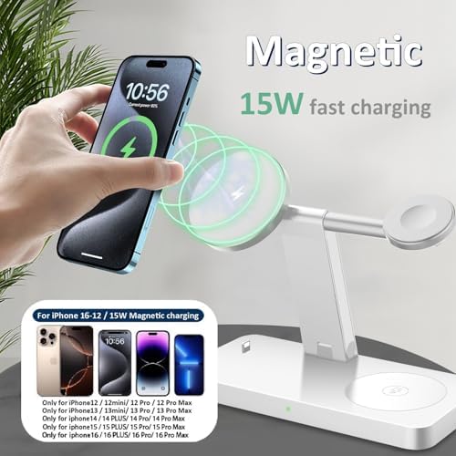 PDKUAI 4-in-1 Magnetic Charging Station – Fast Wireless Charger Stand for i Phone 16/15/14/13/12 Pro/Max/Mini/Plus, Apple Watch 10/9/8/7/6/SE/5/Ultra & Air Pods Pro/4/3 – Enhanced Compatibility with Dedicated Adapter – Sleek White Design for Home & Office