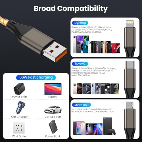Illuminate Your Charging Routine with the 66 W RGB LED Light Up 3-in-1 USB C Charger Cable – Versatile 4 FT Cord for i Phone 16/15/14/13/12, i Pad Pro, Samsung, and Pixel Devices – Fast Charging with Enhanced Compatibility and Stylish Glow