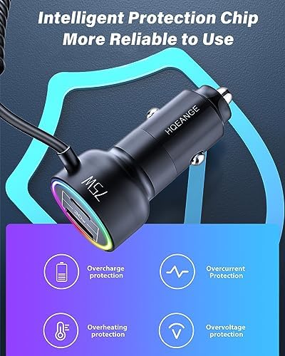75 W USB-C Car Charger with 6 ft Coiled Cable – Ultra-Fast PD & QC3.0 Charging for i Phone 15/14, i Pad Pro, Samsung S23 Ultra, and Android – Optimal Compatibility & Performance on the Go