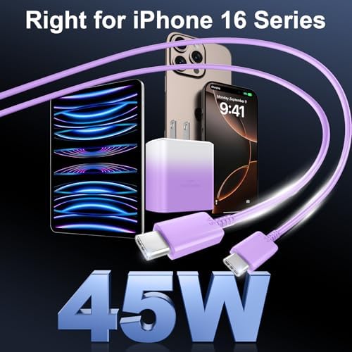 Accelerate Your Power Needs with Our 45 W Ultra-Fast USB-C Charger for Phone 16 Series – Includes a 10 ft Type C Cable in Eye-Catching Purple – Perfectly Crafted for Swift Power Delivery to Phone 16 Pro, Max, Plus & Earlier Models – Unleash Maximum Charging Efficiency and Aesthetic Appeal for Tech Enthusiasts on the Move