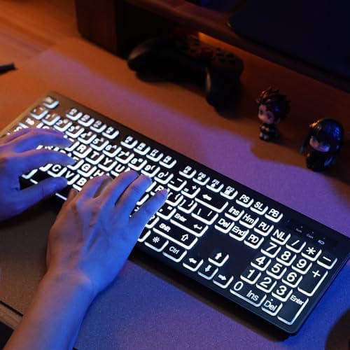 Elevate Your Typing Experience with the Large Print Backlit Wireless Keyboard – Silent, Rechargeable & Versatile for Windows and Laptops, Featuring 7 Vibrant Backlight Colors for Enhanced Visibility and Comfort