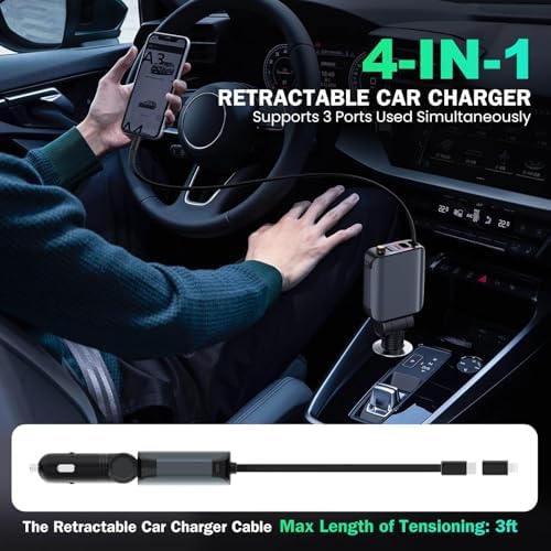 Transform Your Charging Routine with the 4-in-1 Retractable Car Charger Featuring Starlight Glow – 120 W USB-C Fast Charger Compatible with i Phone 16/15/14/13/12/11 and Android Devices, Tangle-Free Design for Effortless Use, Perfect Valentine’s Gift for Him or Her in Sleek Dark Grey