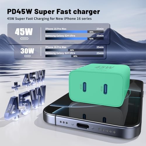 Ultimate Fast Charging Solution for i Phone 16/15 Pro Max – 45 W Dual Port USB-C Charger Block (2-Pack) with Extra Long 60 W Cables – PD Quick Adapter 3.0 for Enhanced Device Compatibility and Speed – Perfect for Home or On-the-Go Charging