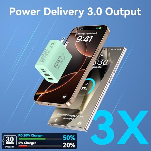 40 W USB C Charger Block – Dual Pack of 4-Port Fast Charging Power Bricks with PD & QC 3.0 Technology for i Phone 16/15/14/13/12/11 Pro Max, i Pad, Galaxy, Pixel – Sleek White & Blue Design for Convenient Multi-Device Charging