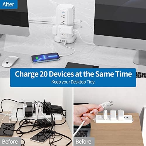 NTONPOWER 16-Outlet Surge Protector Tower with 4 USB Charging Ports – Advanced Desktop Power Strip with Individual Switches, 5 ft Extension Cord, and 1080 J Surge Protection for Home Office & Dorm Room Efficiency – Space-Saving & Safe Power Solution