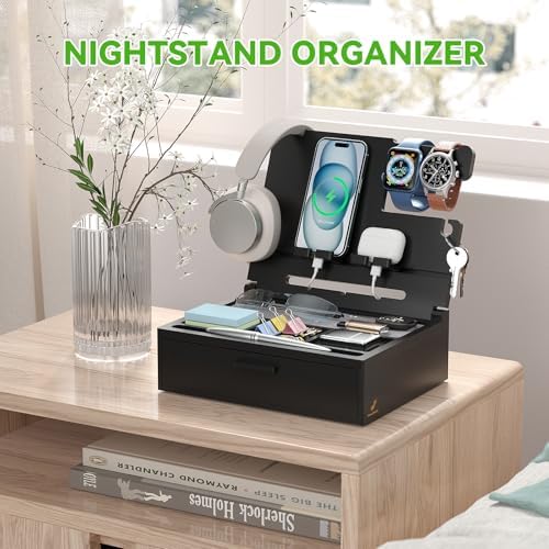 Pezin & Hulin Wooden Nightstand Organizer, Ideal Gifts for Men, Desktop Bamboo Phone Docking Station Box, with Large Drawer, Multi-Device Charging Stand, for Birthday Son Boyfriend Him -Natural – Enhanced Compatibility and Speed