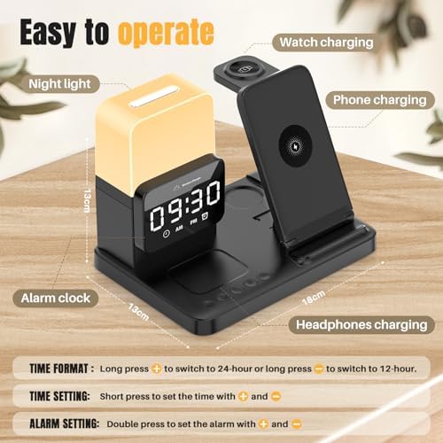 Ultimate 6-in-1 Wireless Charging Dock: Qi Certified Fast Charger for i Phone, Samsung, Air Pods, and Apple Watch with Digital Alarm Clock and Adjustable Night Light – 15 W Power Station with 20 W Adapter Included – Ideal for Streamlined Charging Solutions and Cable Management