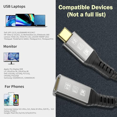 USB-C 4FT 40Gbps Braided Cable – 90 Degree, 8K Display, 100W Charging, Compatible with Thunderbolt 4/3 USB4/3, MacBook Pro, External SSD, eGPU – Enhanced Compatibility and Speed
