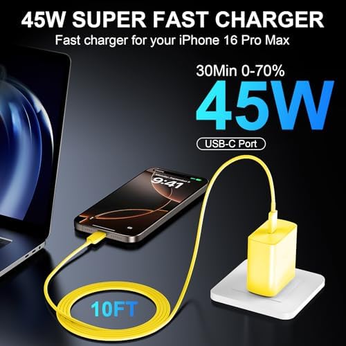 Accelerate Your Power Needs with Our 45 W Ultra-Fast USB-C Charger for Phone 16 Series – Includes a 10 ft Type C Cable in Eye-Catching Purple – Perfectly Crafted for Swift Power Delivery to Phone 16 Pro, Max, Plus & Earlier Models – Unleash Maximum Charging Efficiency and Aesthetic Appeal for Tech Enthusiasts on the Move