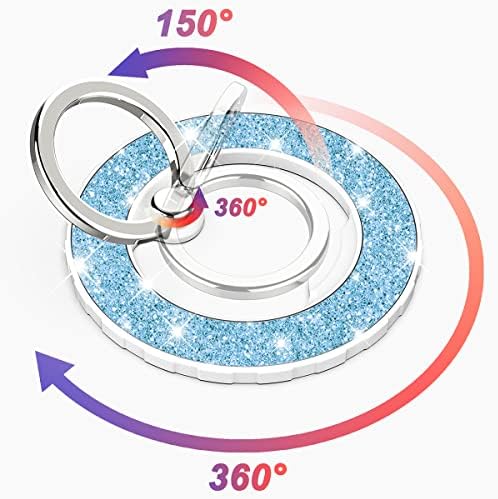 Glittering Magnetic Phone Ring Holder for Mag Safe – Ultra-Strong 2000 g Grip Compatible with i Phone 15, 14, 13, 12 Pro Max, Pro, Plus, Mini – Wireless Charging Friendly with 360° Rotation and 150° Adjustable Kickstand – Stylish Teal Design for Enhanced Functionality and Aesthetic Appeal