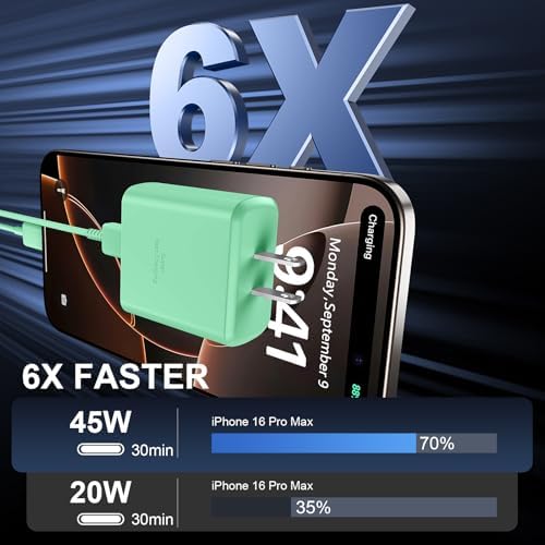 Accelerate Your Power Needs with Our 45 W Ultra-Fast USB-C Charger for Phone 16 Series – Includes a 10 ft Type C Cable in Eye-Catching Purple – Perfectly Crafted for Swift Power Delivery to Phone 16 Pro, Max, Plus & Earlier Models – Unleash Maximum Charging Efficiency and Aesthetic Appeal for Tech Enthusiasts on the Move