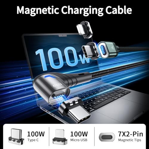 High-Performance 100 W Magnetic USB-C Charging Cable with Right Angle Design | 480 Mbps Data Transfer for Speed & Efficiency | Fast Charging Compatible with All USB-C Devices | Durable & Versatile Charging Solution