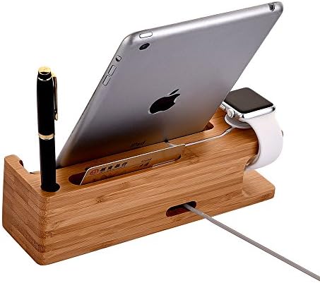 MOOZO Eco-Friendly Bamboo Wood Multi-Device Charging Dock Station: Sleek Cradle for i Phone 16-11 Pro Max, Apple Watch Series 2-4, and Samsung Galaxy S8-S6 Edge Plus – Enhance Workspace Organization and Fast Charging Efficiency