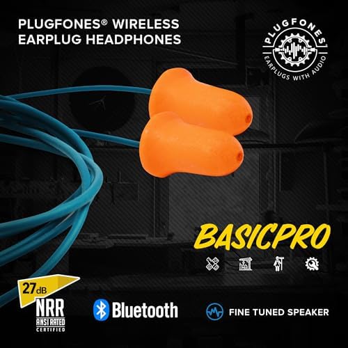 Plugfones Basic Pro Wireless Bluetooth Earplug Headphones – OSHA Compliant Noise Reduction Earbuds with 25 d B Protection, Noise Isolating Mic, and Stylish Blue & Yellow Design for Enhanced Comfort and Audio Performance