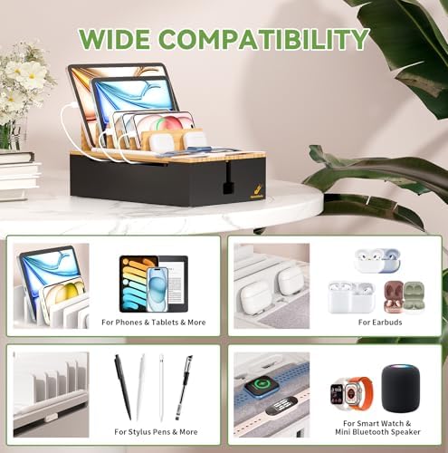 Pezin & Hulin Eco-Friendly Bamboo Charging Station – 10-Port USB Dock Organizer with 6 Cables, Enhanced Power Supply & Cable Management for Multi-Device Charging, Sleek Natural and Black Design for Homes and Offices