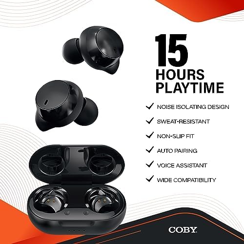 Coby Pro Fitness True Wireless Earbuds with Charging Case – Premium Sweat-Resistant Design, Noise Isolation, and HD Audio for Optimal Workout Performance – 15-Hour Playtime, Auto-Pairing, and Hands-Free Calling with Siri/Google Compatibility in Sleek Black – Your Ultimate Fitness Audio Companion