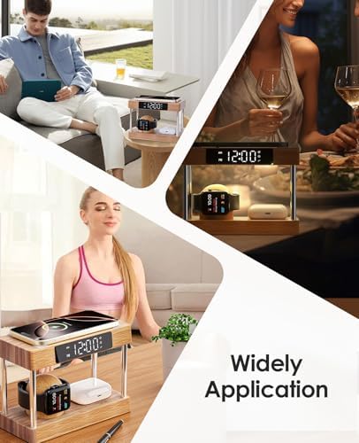Eco-Friendly Bamboo Wireless Charging Station with Alarm Clock – Multi-Device Bedside Charger for i Phone, Air Pods & i Watch – Fast Charging & Adjustable Night Light – Perfect Gift for Him or Her