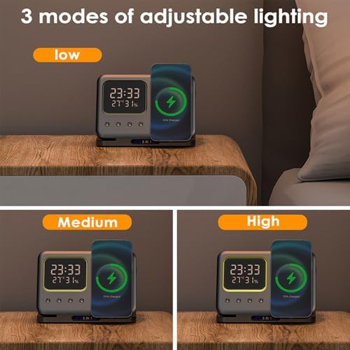 Revolutionary 5-in-1 Wireless Charging Station with Digital Clock, Night Light, and Temperature Display – 15 W Fast Charge for Qi Phones, Smartwatches & TWS Earbuds – Enhanced Safety Features and Space-Saving Design for Home or Travel