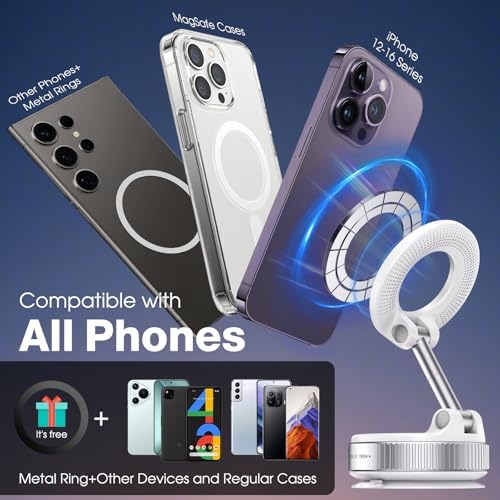 360° Rotatable Vacuum Magnetic Phone Holder, Foldable and Retractable Suction Cup Car Phone Mount for Car/Gym/Mirror/Smooth Surface, Compatible with iPhone Android and All Smartphones (Black) – Enhanced Compatibility and Speed